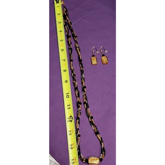 Gold Foiled Glass Black & Gold AB Glass Bead Necklace W/ 14KGF Matching Earrings - Picture 7 of 12